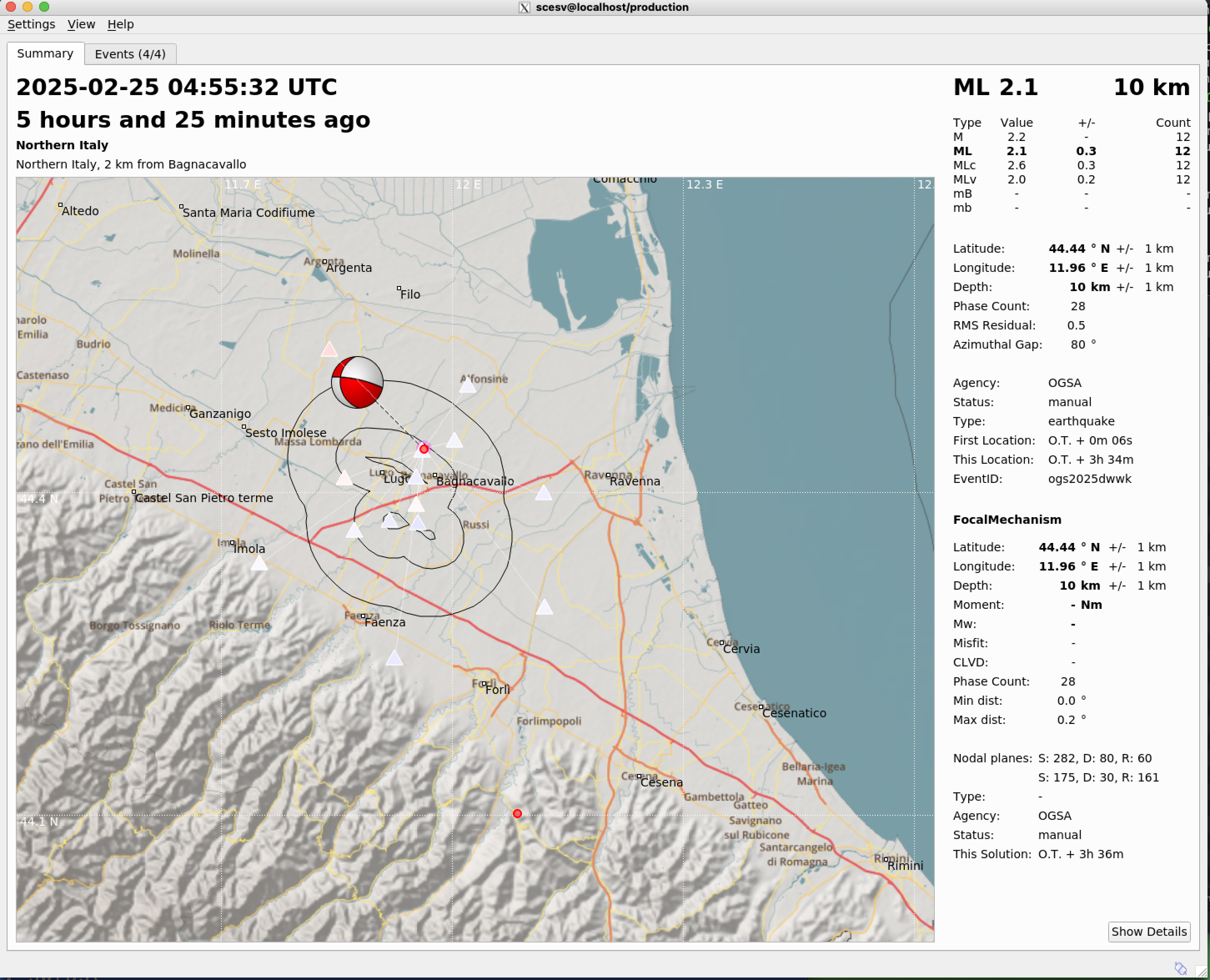 Detailed chart of the seismic signals analysis related to the event of February 25, 2025